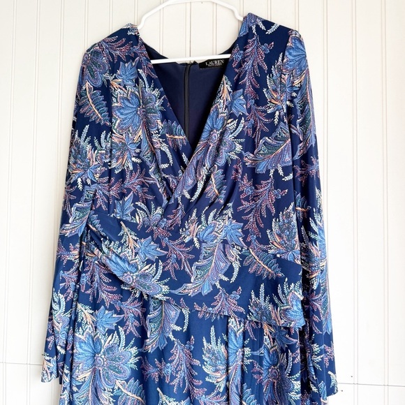 Lauren Ralph Lauren Size 14 Women's Blue Floral Jersey Long-Sleeve Dress NEW! - Picture 3 of 6